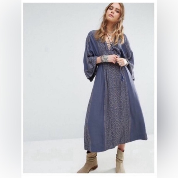 Free People NWT Modern Kimono Maxi Dress Size 0 XS Blue - Picture 11 of 16